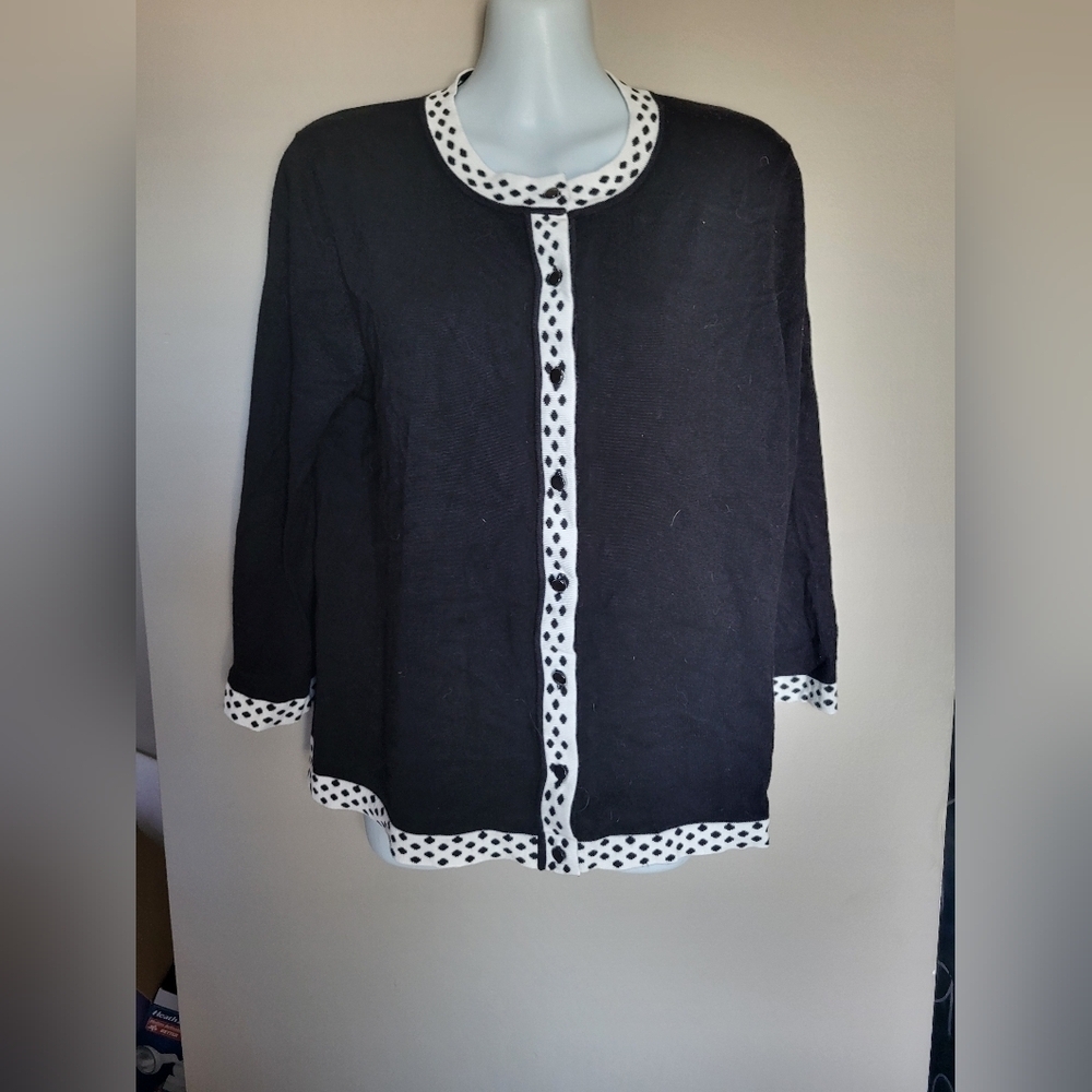 NEW Cable & Gauge Black Cardigan with White Polka Dot Trim, Size Large